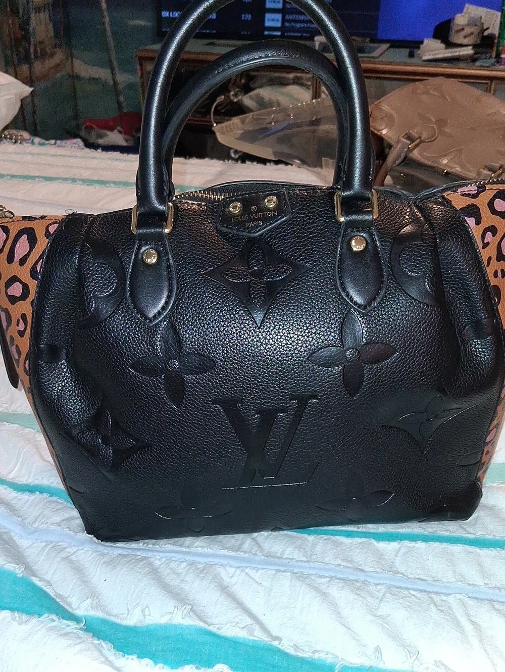 Black Embossed Monogram Purse with Leopard Side Panels, No Bundle, Firm Price